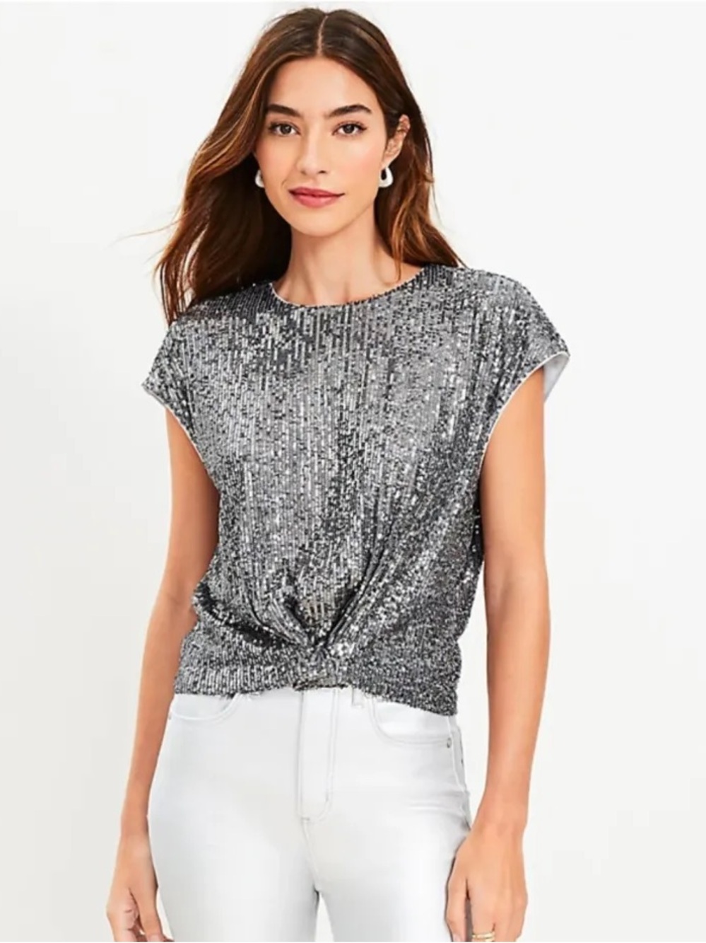 NEW NWT Ann Taylor Loft Silver Sequin Stretch Cap Sleeve Crop Top Size XS